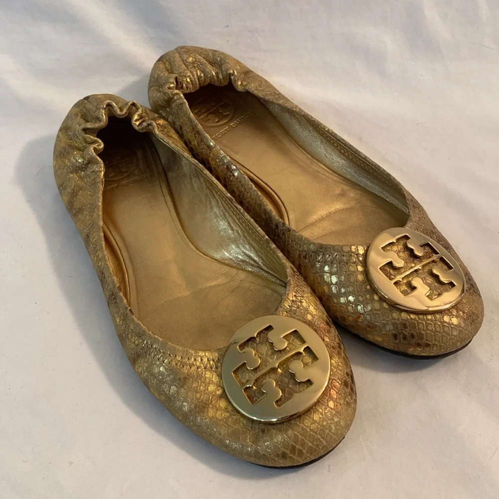 Tory Burch REVA GOLD LEATHER Medallion SNAKESKIN BALEET FLATS Size 8M VGC